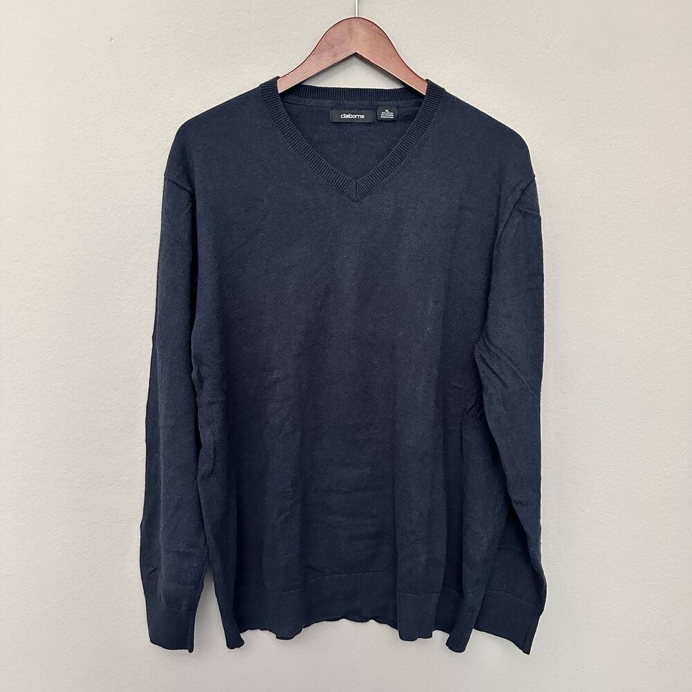 Claiborne Navy Blue Cotton Cashmere V Neck Sweater XL Preppy Old Money Classic